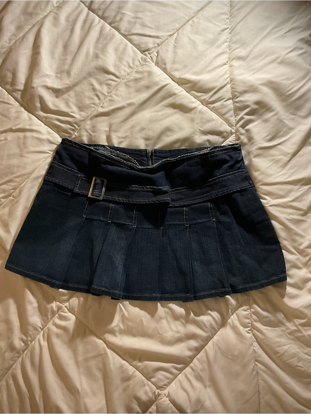 Dark Blue Denim Pleated Mini Skirt with Buckle Detail